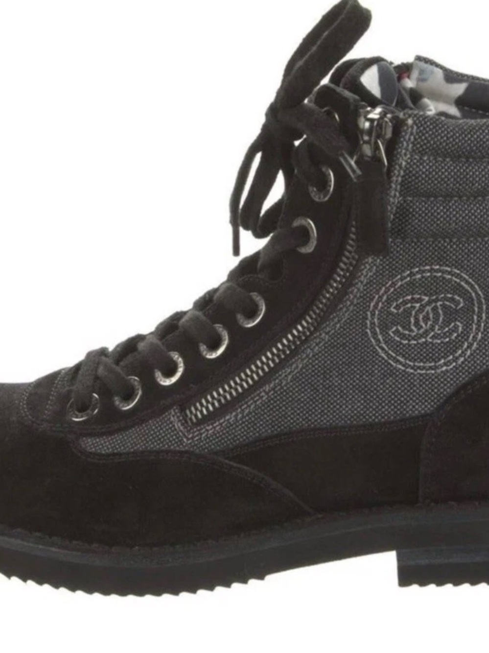 CHANEL Black and Gray women’s Lace-Up High-Top Boot sneakers size 7